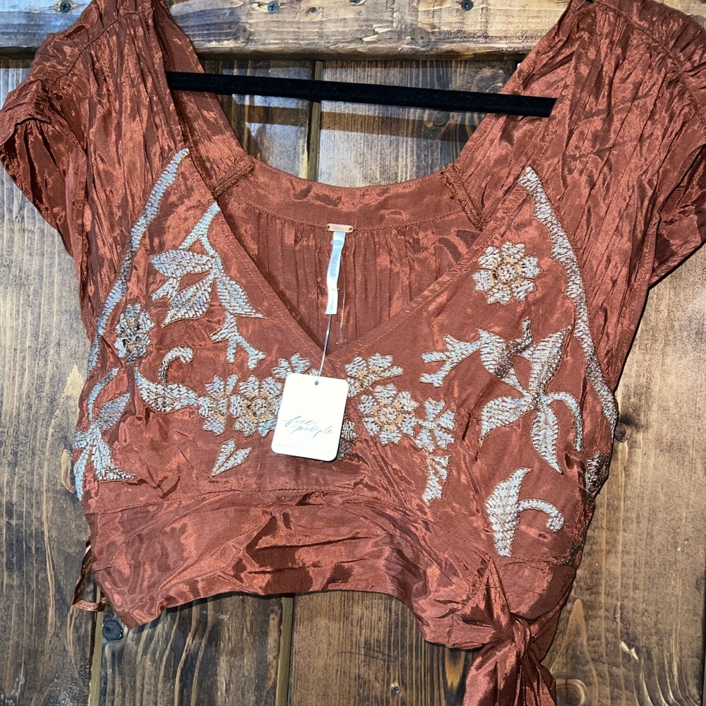 Free People Terracotta Embroidered Blouse
